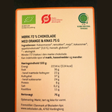 Chokoladeplade, 72 % mørkchokolade med orange og knas