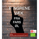 Sort gaveæske med fire danske specialøl med sjove far-etiketter til farsdagen